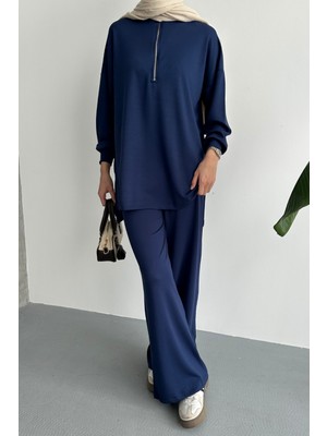 Balenbi Kadın Modal Penye Oversize Metal Fermuar Tesettür Tunik Takım 1117