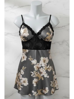 Biçomi Bicomi Özel Tasarım Çiçek Desenli Ince Askılı Dantel Işlemeli Gri Mini Saten Gecelik