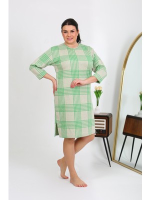 İbrahim Burak Etiler Collection Moda Çizgi Kadın Büyük Beden Penye Gecelik Ev Elbisesi Yeşil 12508