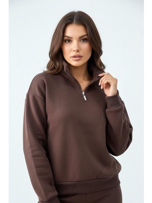 Balenbi Kadın 3 Iplik Içi Polarlı Yarım Fermuarlı Oversize Sweatshirt 1112