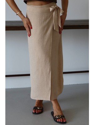 Balenbi Kadın Belden Bağlamalı Keten Karışımlı Dokuma Etek 1106