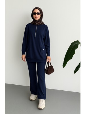 Feela Moda Kadın Modal Penye Oversize Metal Fermuar Tesettür Tunik Takım 2021