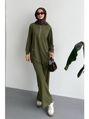 Feela Moda Kadın Modal Penye Oversize Metal Fermuar Tesettür Tunik Takım 2021