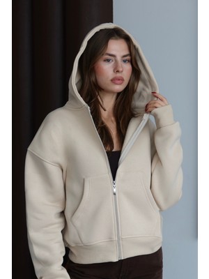 Balenbi Kadın 3 Iplik Içi Polarlı Kapüşonlu Oversize Sweat Hırka 1110