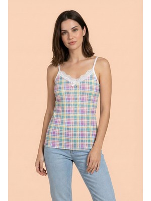 Jenika Desenli Pamuklu Ip Askılı Atlet - Zarif Dantel Yaka