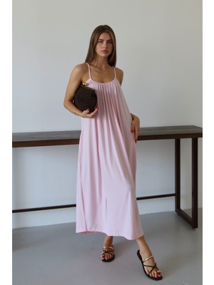 Balenbi Kadın Yaka Büzgü Detaylı Cepli Askılı Penye Elbise 1107