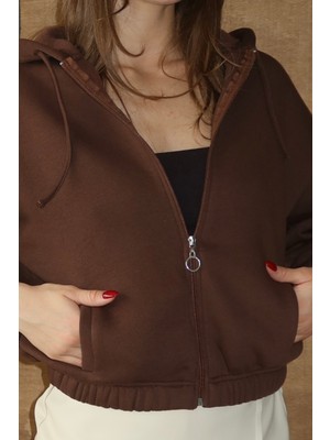 Balenbi Kadın 3 Iplik Içi Polarlı Kapüşonlu Fermuarlı Kısa Hırka 1111