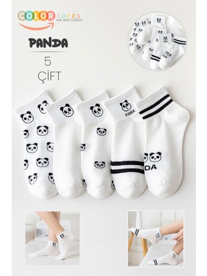 Color Socks 5 Çift Beyaz Panda Desenli Yarım Kolej Kadın Çorap Seti