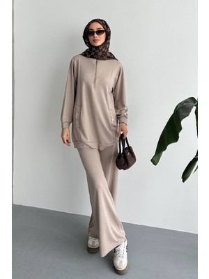 Feela Moda Kadın Modal Penye Oversize Metal Fermuar Tesettür Tunik Takım 2021