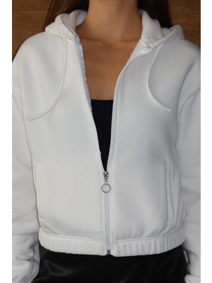 Balenbi Kadın 3 Iplik Içi Polarlı Kapüşonlu Fermuarlı Kısa Hırka 1111