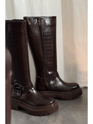 I Love Shoes Lumio Kahverengi Kroko Fermuarlı Günlük Kadın Çizme