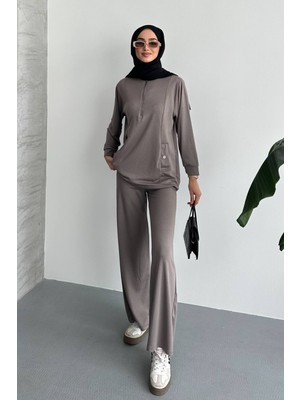 Feela Moda Kadın Modal Penye Oversize Metal Fermuar Tesettür Tunik Takım 2021