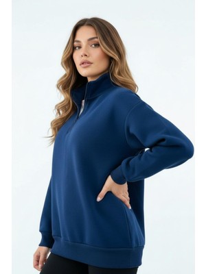 Balenbi Kadın 3 Iplik Içi Polarlı Yarım Fermuarlı Oversize Sweatshirt 1112