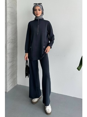 Feela Moda Kadın Modal Penye Oversize Metal Fermuar Tesettür Tunik Takım 2021