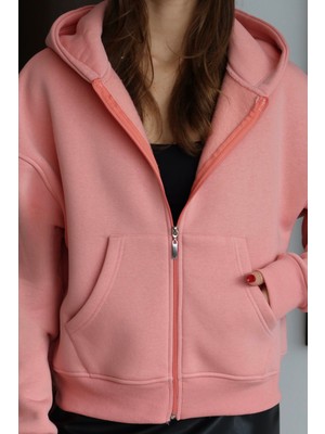 Balenbi Kadın 3 Iplik Içi Polarlı Kapüşonlu Oversize Sweat Hırka 1110