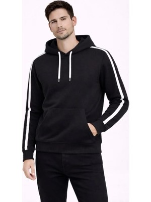 Erkek Şeritli Kapüşonlu Sweatshirt Oversize 3 Iplik Pamuklu - Siyah