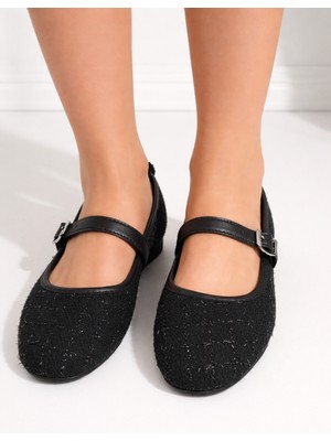 Redtan Kadın Siyah Tüvit Kumaş Tek Bant Tokalı Klasik Günlük Babet | Günlük Ayakkabı