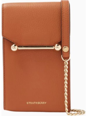 Strathberry Mosaic Tan Kahverengi Deri Phone Pouch Çanta, Şık ve Fonksiyonel Tasarım