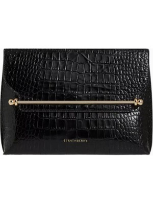 Strathberry Stylist Crossbody Clutch Siyah Kroko Deri Lüks Çanta, Günlük ve Gece Kullanımı