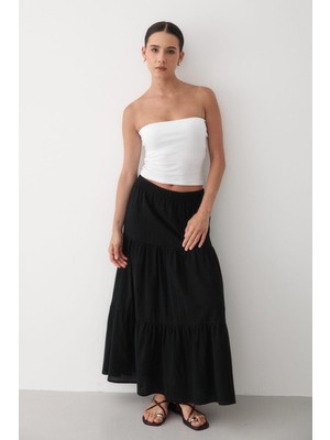 Jaste Kadın Kat Kat Büzgülü Beli Lastikli Keten Etek SİYAH