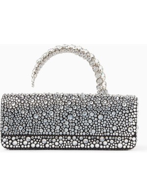 Malika Crystal Saten Clutch Çanta, Gümüş, Kristal Üst Saplı