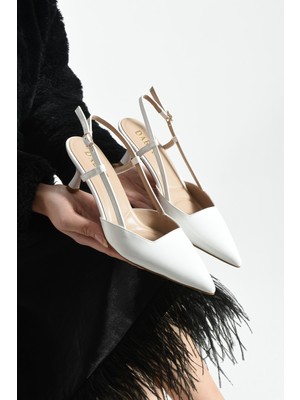 Dabab Shoes Lıya Kadın Beyaz 6 cm  Ince Topuklu Bilekten Bantlı Arkası Açık Tokalı Sivri Burun Rugan Ayakkabı