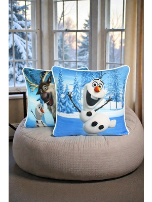 Visionario Kırlent Kılıfı 2'li Kardan Adam ve Geyik Desenli 45X45 Raşel Örme Kadife Çift Taraflı Dijital Baskı Beyaz Biyeli