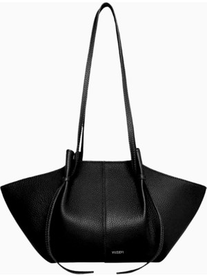 Yuzefi Small Mochi Siyah, Grained Deri Lüks Tote ve Ayarlanabilir Omuz Çantası