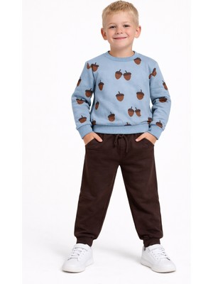 Zepkids Bisiklet Yaka Meşe Palamudu Baskılı Mavi - Kahve Renk Erkek Çocuk Eşofman Takımı