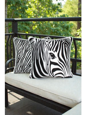 Visionario Kırlent Kılıfı 2'li Zebra Desenli 45X45 Raşel Örme Kadife Çift Taraflı Dijital Baskı Beyaz Biyeli