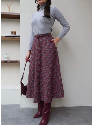 Esra Helvacı Ekose Desen Ön Düğmeli Etek