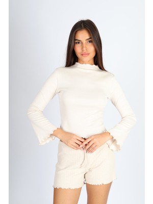 Softandbasic Bej Balıkçı Yaka Baby Overlok Dikişli Bluz