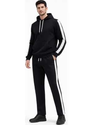 Erkek Şeritli Eşofman Takım Kapüşonlu Sweatshirt Boru Paça Alt, Oversize 3 Iplik Pamuklu - Siyah