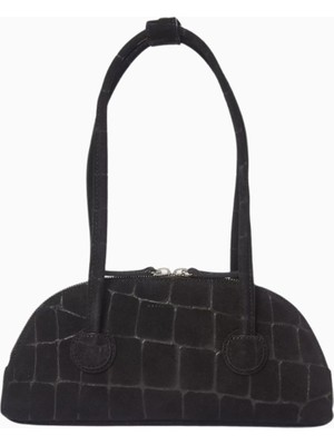 Marge Sherwood Bessette Siyah Kroko Desenli Süet Omuz Çantası, Retro Şıklık ve Minimalist Tasarım