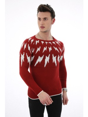 Moresun Şimşek Desenli Kırmızı Kalın Kışlık Günlük Triko Kazak