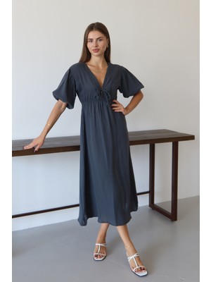 Balenbi Kadın Hafif Transparan Basic Önden Bağlamalı Müslin Elbise 1105