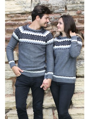 Moresun Baklava Desenli Gri Kalın Kışlık Günlük Triko Kazak