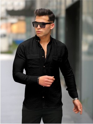 Comstar Erkek A Kalite Keten Slim Fit Uzun Kol Çift Kapaklı Gömlek