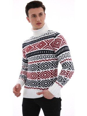 Moresun Boğazlı Desenli Beyaz Kalın Kışlık Günlük Triko Kazak