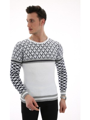 Moresun Kolları Desenli Beyaz Kalın Kışlık Günlük Triko Kazak