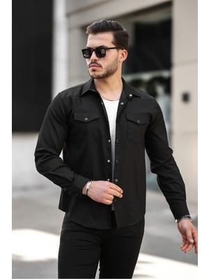 Comstar Erkek Mevsimlik Trend Cepli Çıtçıtlı Siyah Kot Gömlek