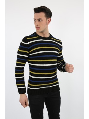 Moresun Çok Renkli Çizgi Desenli Siyah Kalın Kışlık Günlük Triko Kazak