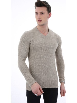 Moresun Düz Kabartma Desenli V Yaka Erkek Günlük Triko Kazak