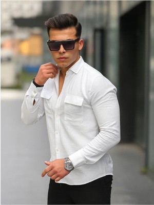 Comstar Erkek A Kalite Keten Slim Fit Uzun Kol Çift Kapaklı Gömlek