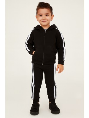 Bubito Yandan Çizgili Fermuarlı Kapüşonlu Spor 2 Li Bebek Alt Üst Takım-Siyah