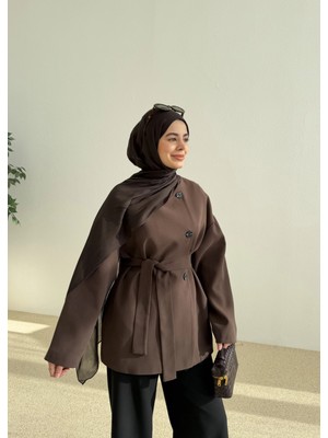 Moda Aksa 7672 Kemerli Kısa Trenç Kahve