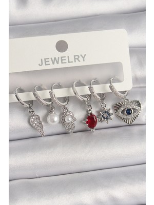 Shopwave Pirinç Gümüş Renk Sallantı Zirkon Taşlı Fatma Ana El Figür Kadın Küpe Seti - TJ-BKP10117