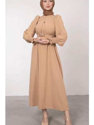 Tesettür Diyarı Krep Kumaş Şık Kuşaklı Tesettür Elbise- Vizon