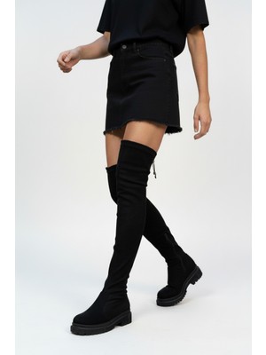 Fox Shoes V7263253 Siyah Süet Streç Kadın Çizme