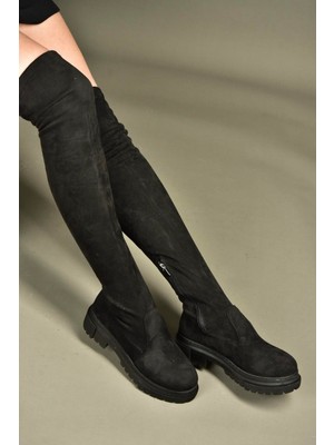 Fox Shoes V7264253 Siyah Süet Streç Kadın Çizme